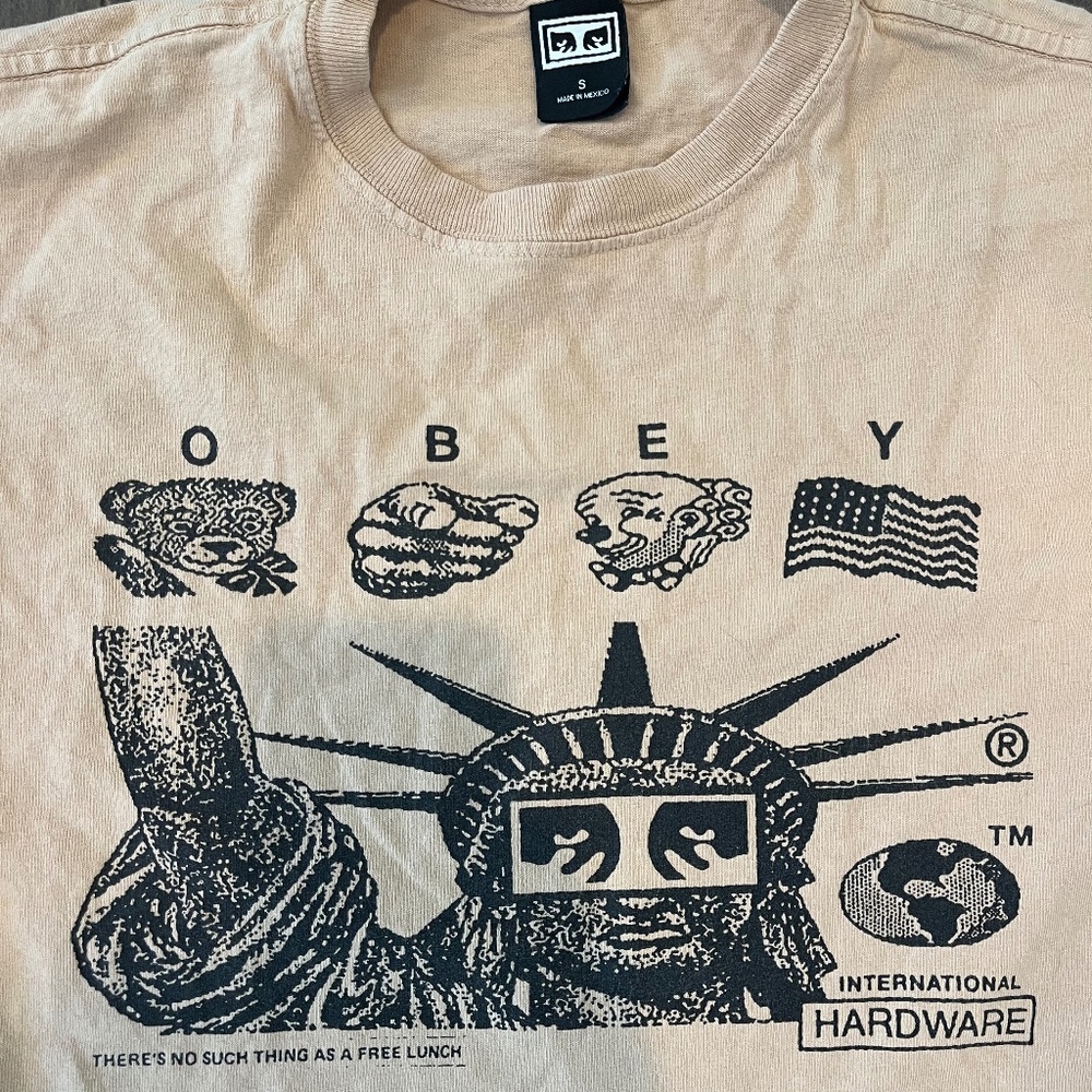 Obey International Hardware T-Shirt Irish Cream Brown Statue Liberty Mens Small